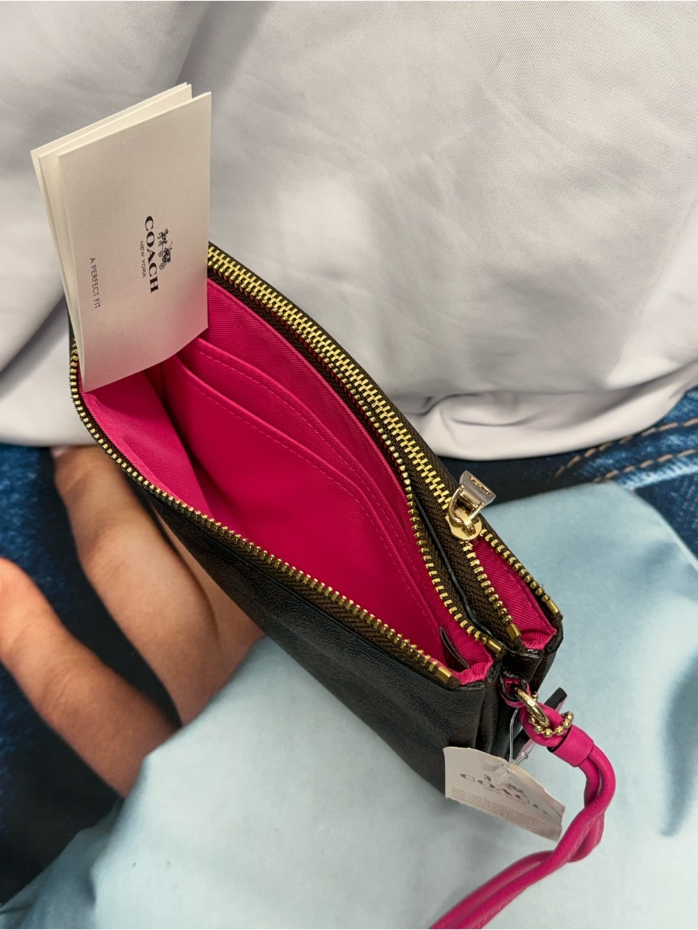 (new+tag) Coach Double-Zip Wristlet Brown Signature Monogram - Pink Wrist Strap - Picture 4 of 12